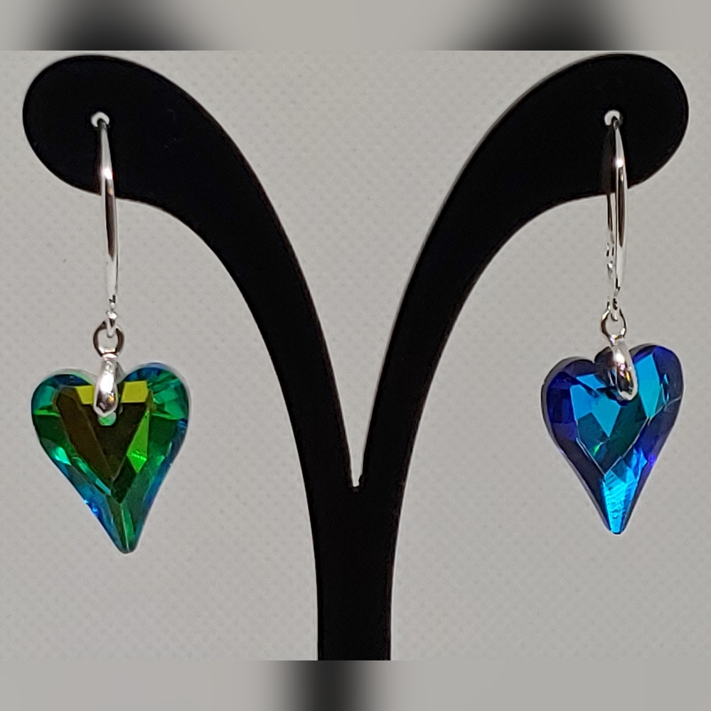Heart crystal earrings - blue & green